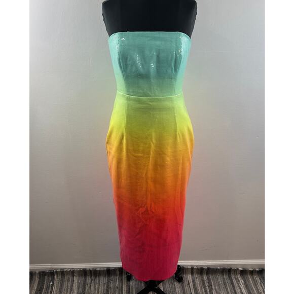 NWT RuNAWaY Malibu Midi Dress Rainbow Ombre Strapless Sequin Bodycon Size L - Picture 2 of 11